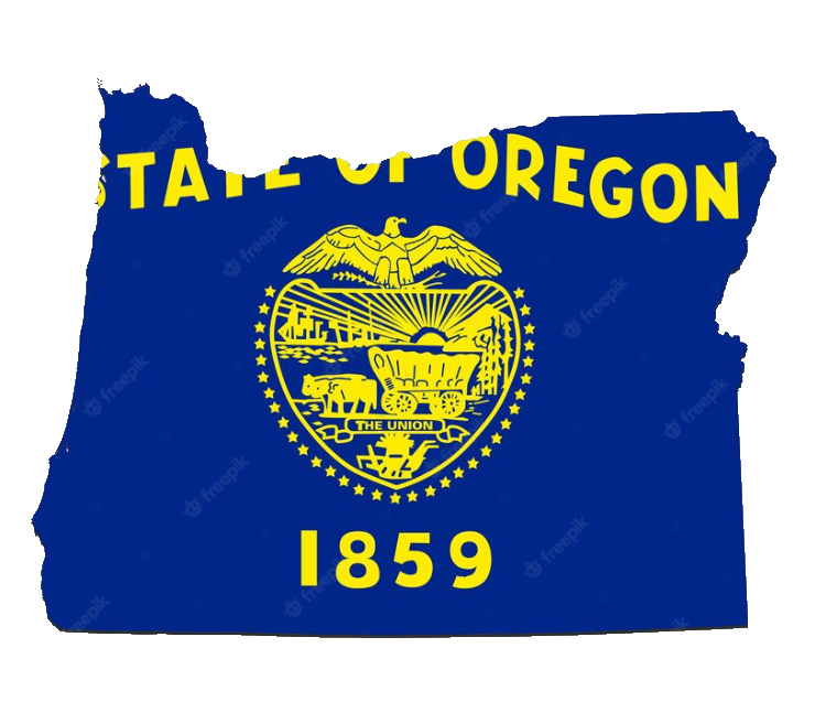 Cutout of Oregon state is covered withthe states flag, blue wth gold seal and date.