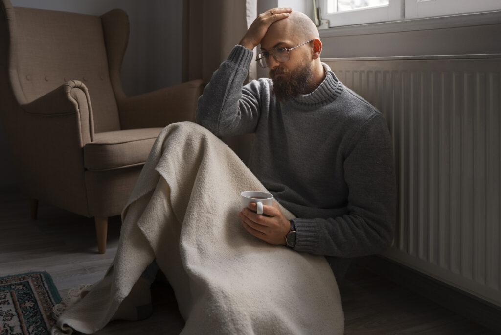 a man sitting on the ground in a blanket with his head in his hand, experiencing seasonal depression