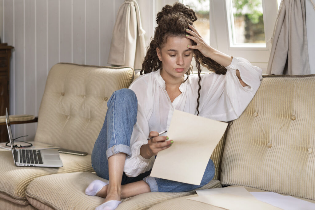 a woman sitting on a couch, looking at a piece of paper