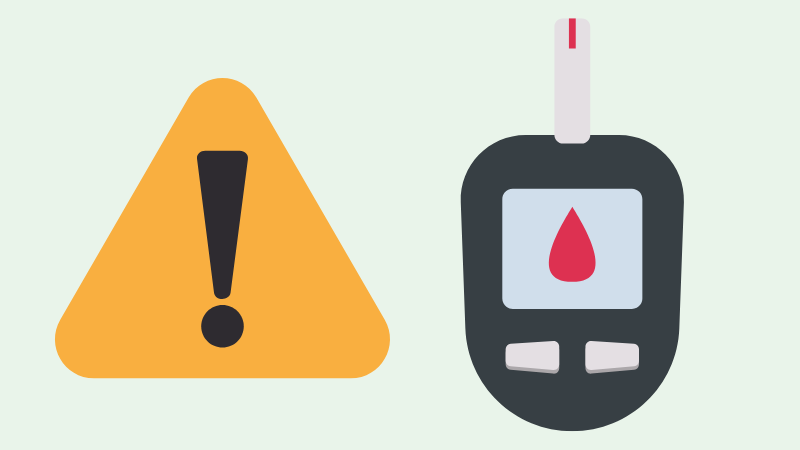 an exclamation point next to a graphic of a blood sugar meter