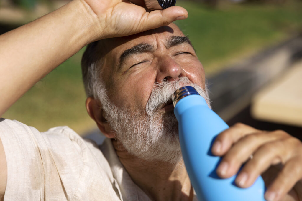 man taking a drink of water from a water bottle during a summer day