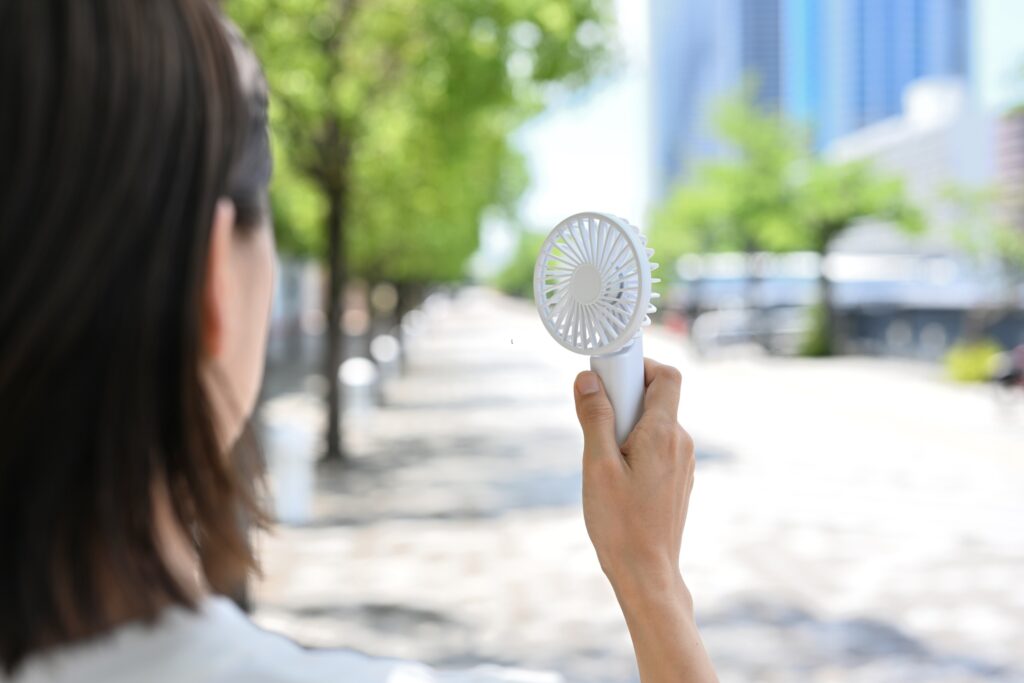 a person standing outside holding up a portable fan