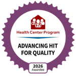 Purple badge that says, Health Center Program, Advancing HIT for Quality, 2026 Awardee